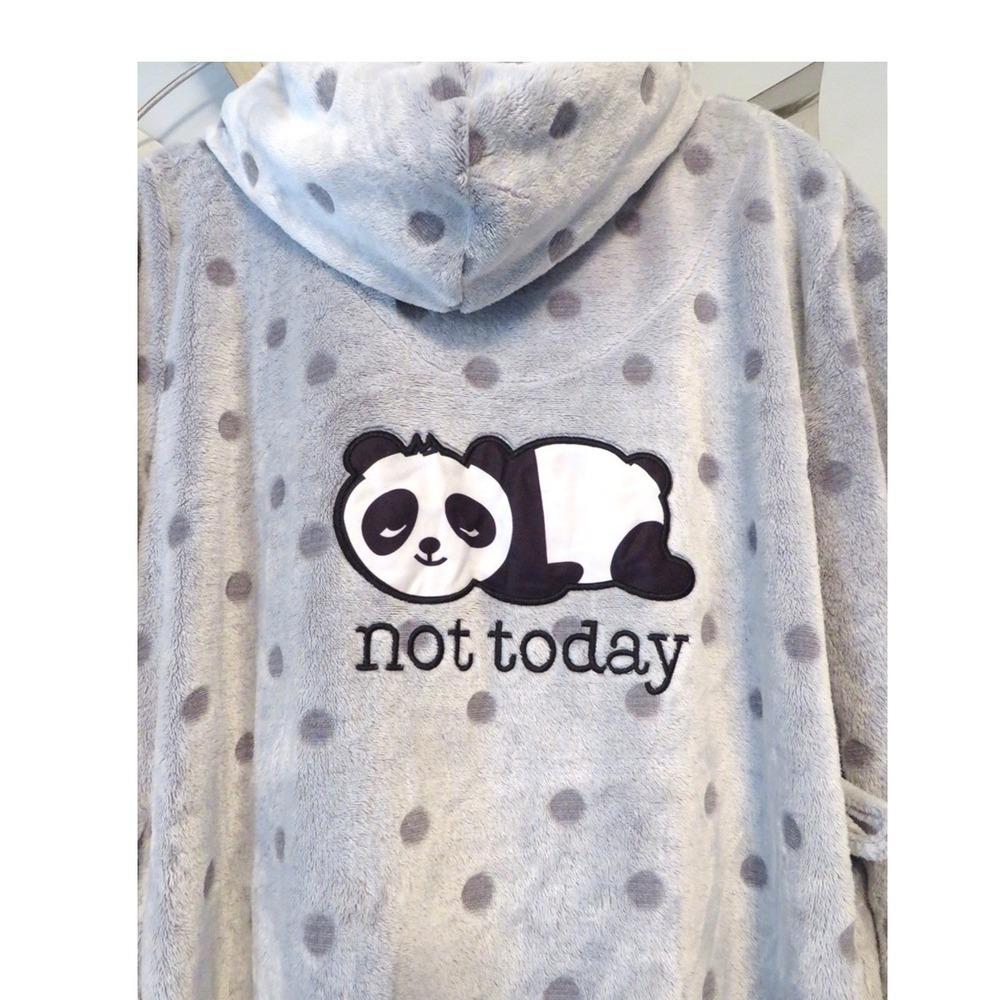 Women's Plush Hooded Panda Robe "Not Today" Gray Polka Dot Cozy‎ Loungewear OS
